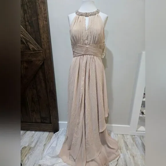Eliza J Embellished Tiered Chiffon Halter Gown Dress NWT Sz 10 Champagne